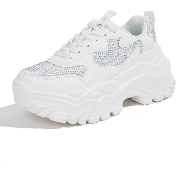 Shoes - Women White Rhinestone Casual Tennis Lace Up Chunky Sneakers Shoes